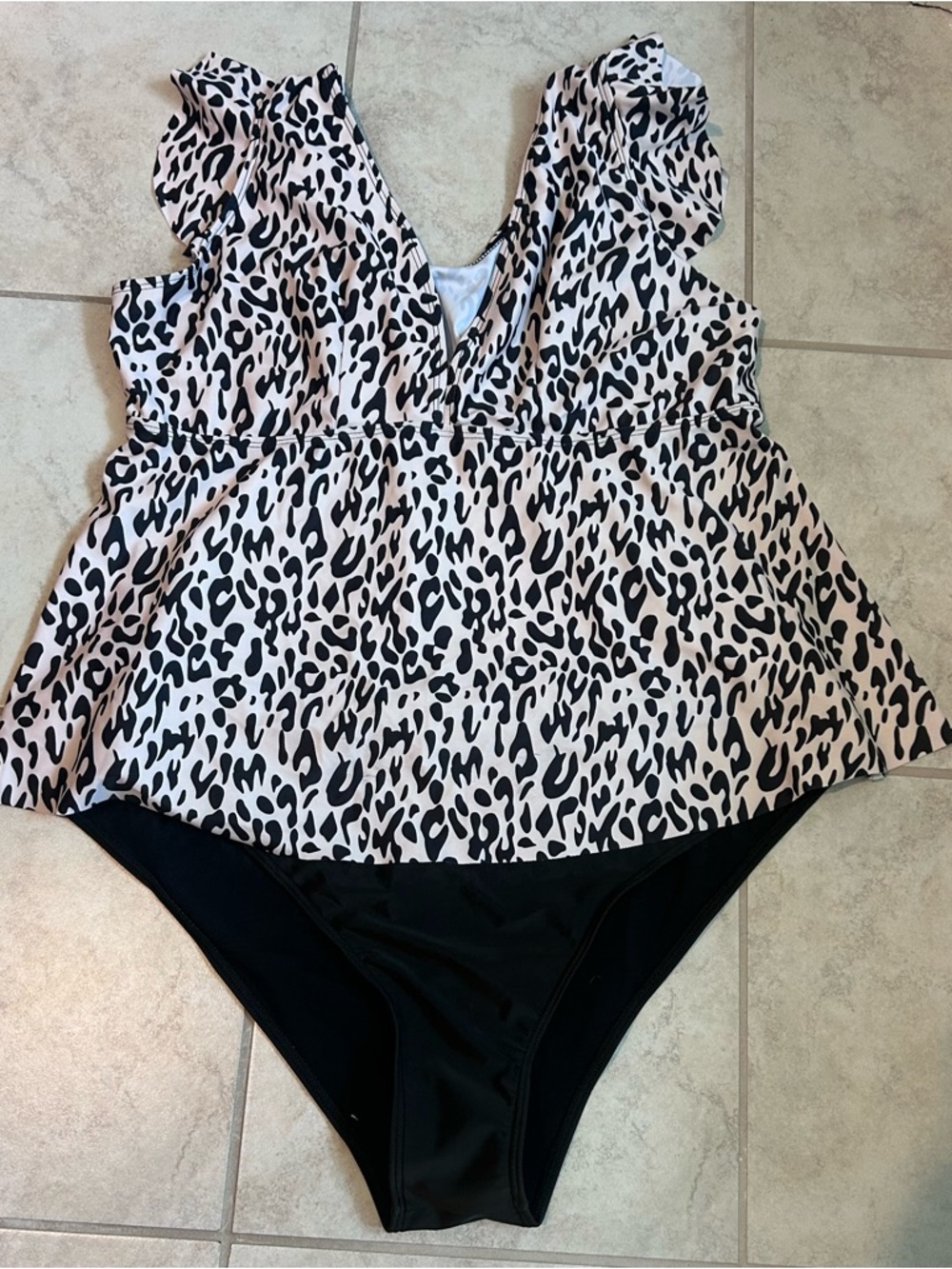 Leopard Print Ruffled Tankini  Swimsuit - Cream/Black